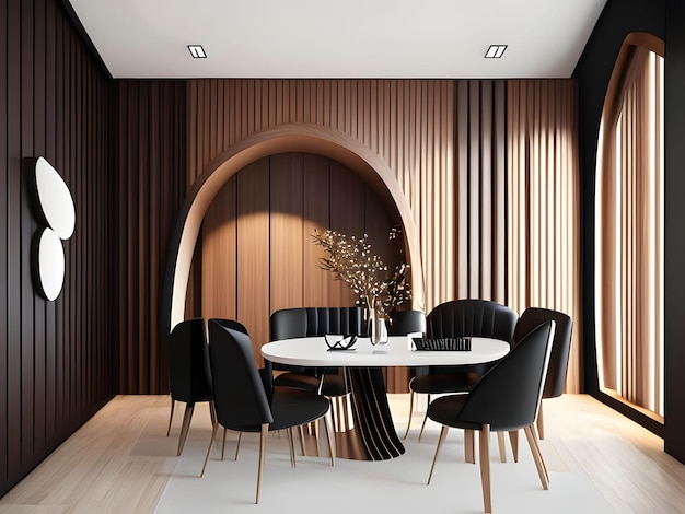 Conception intérieure minimaliste d'une salle à manger moderne avec des panneaux de bois abstraits et un mur voûté