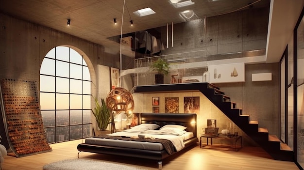 Photo une conception intérieure moderne d'une chambre au grenier avec de grandes fenêtres en verre et un escalier en bois generative ai aig27