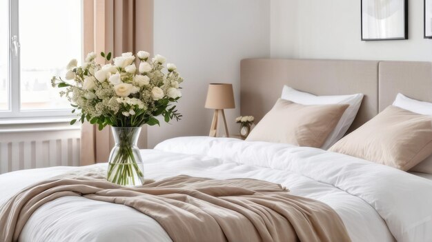 La conception intérieure moderne de la chambre à coucher est simple, minimaliste, le linge en crème terreuse, les oreillers, un vase de