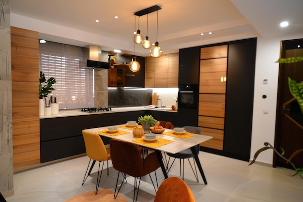 Conception intérieure moderne à haute résolution d'une cuisine et d'un salon rénovés en Israël