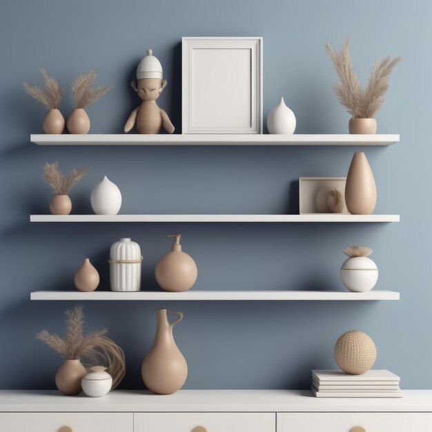 Photo conception intérieure moderne de la pièce avec mur bleu et étagères en bois étagères blanches avec vases vas