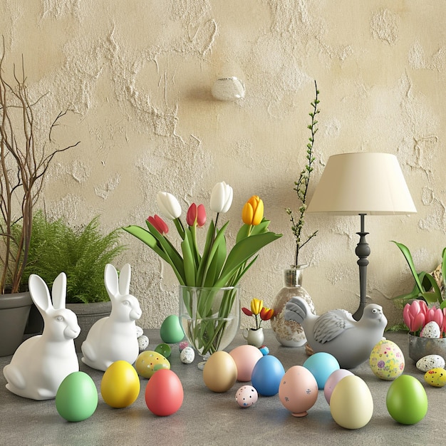Conception intérieure de la salle à manger de Pâques avec des œufs de Pâque colorés et des sculptures de lièvres blancsGenerative Ai