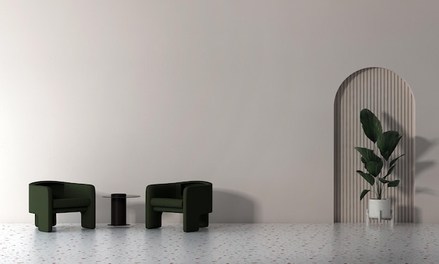 Conception intérieure de salon moderne canapé vert avec oreillers en terre cuite contre les arches