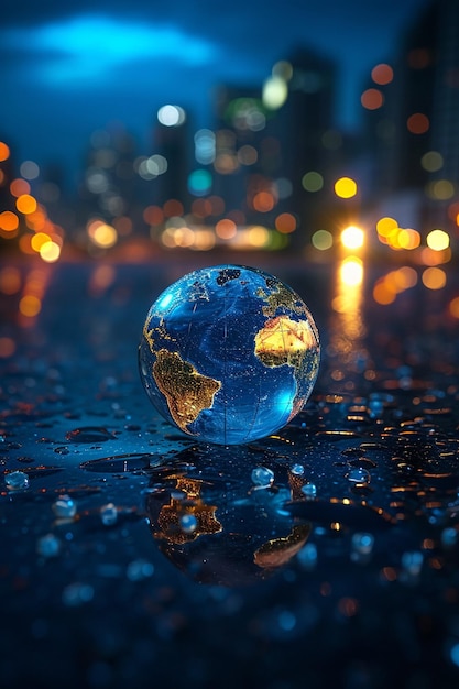 une conception d'invitation mettant en vedette un globe terrestre 3D minimaliste montrant les lumières de la ville s'éteignant