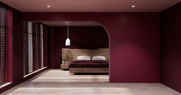 Conception japandi de chambre à coucher de couleur magenta viva sur l'intérieur minimal de la chambre muji