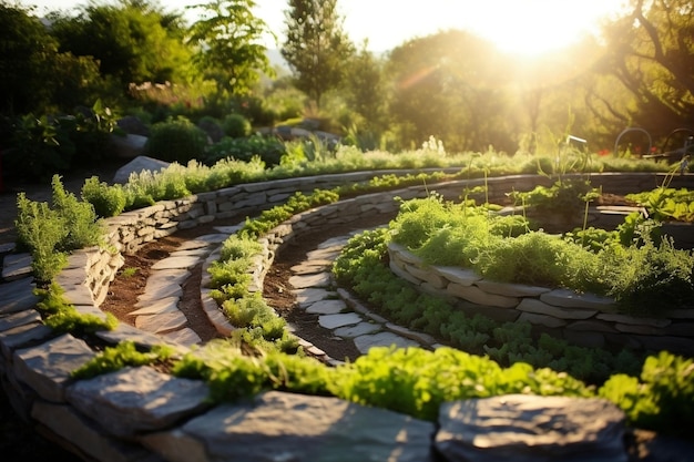 Conception de jardin d'herbes aromatiques en spirale baignée de lumière du soleil Generative Ai