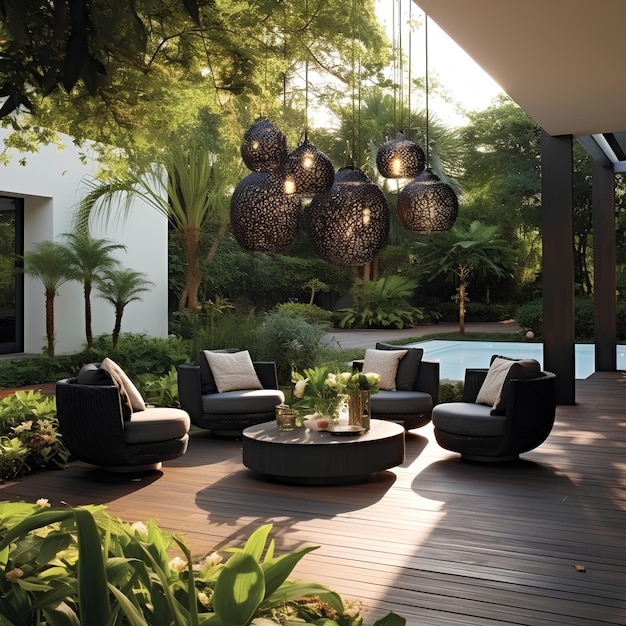 Conception de jardin de villa avec meubles d'extérieur Poliform installés