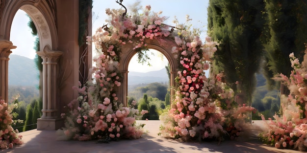 Conception de lieu de mariage avec des fleurs et une arche de jardin de fond d'invitation à l'architecture vintage