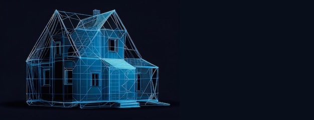 Photo conception lumineuse polygonale abstraite du symbole de construction de maison. maillage filaire low-poly d'entreprise à partir de débris volants. notion d'immobilier. lignes bleues, illustration 3d de style de structure de points. ia générative