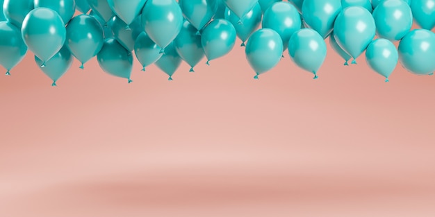 Conception minimale par rendu 3d de ballons bleu pastel flottant sur fond pastel rose en studio pour la publicité de décoration et montrant le produit.