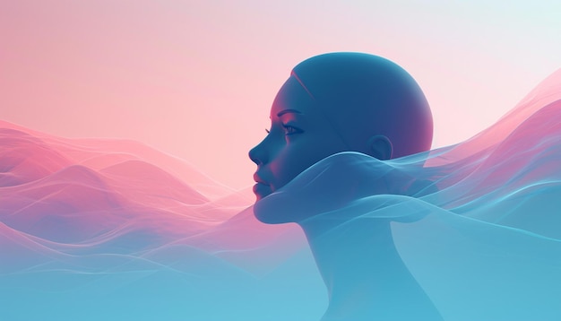 Conception minimaliste 3D d'un profil de femme émergeant d'un paysage numérique
