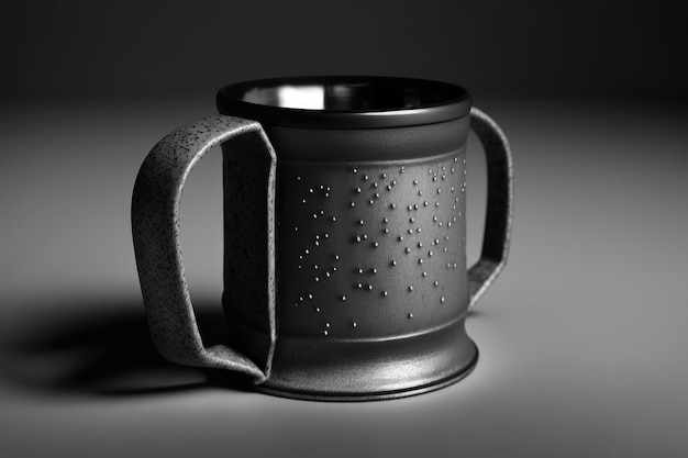 Conception minimaliste en noir et blanc d'une tasse en fer avec un gros plan sur la poignée