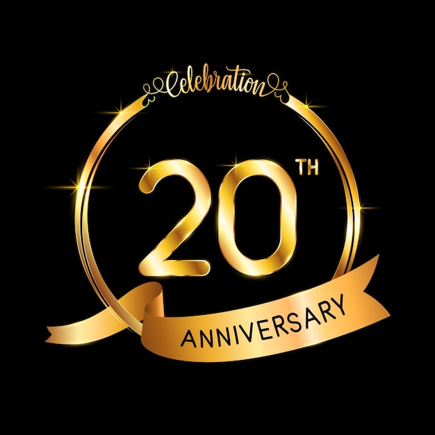 Conception de modèle de 20e anniversaire avec ruban de couleur or et anneau Logo Vector Template