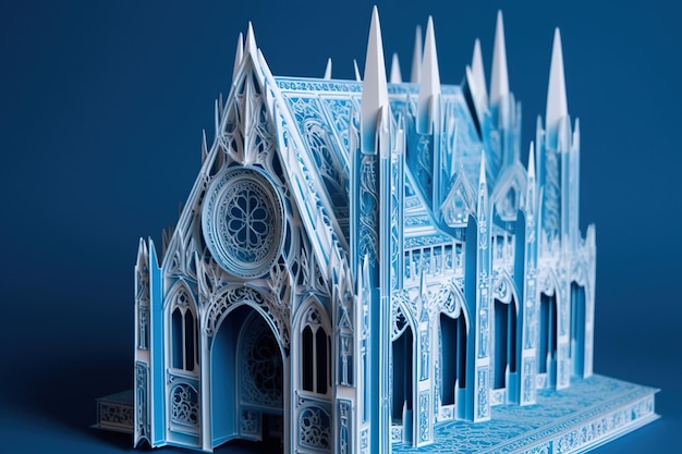 Conception de modèle 3d de cathédrale et art papier fantaisie de couleur bleue