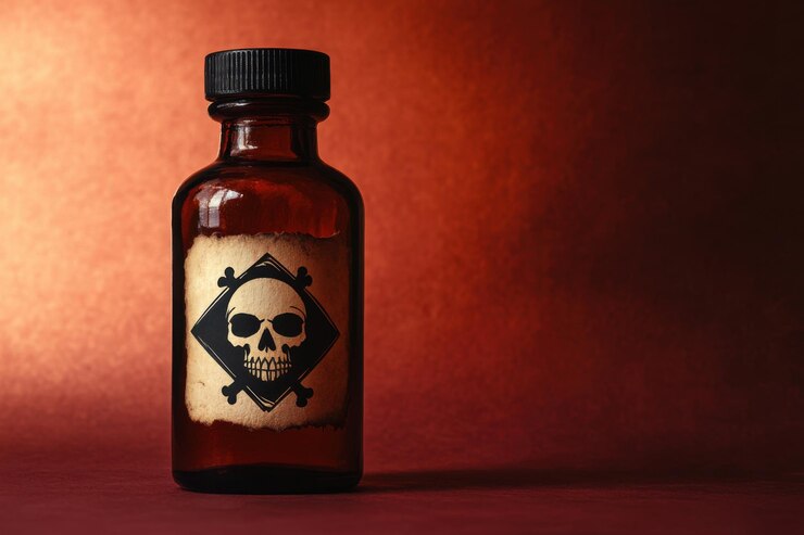 Photo conception moderne d'une bouteille de poison avec un symbole de crâne proéminent sur un fond ambre