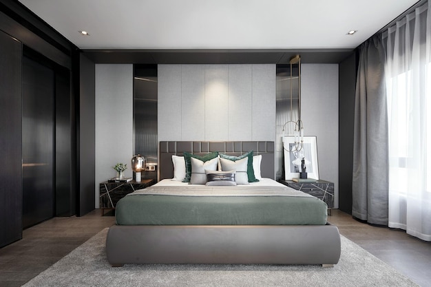 Conception moderne de la chambre à coucher en gris et vert