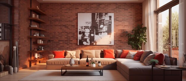 Photo conception moderne du mur en briques rouges du salon
