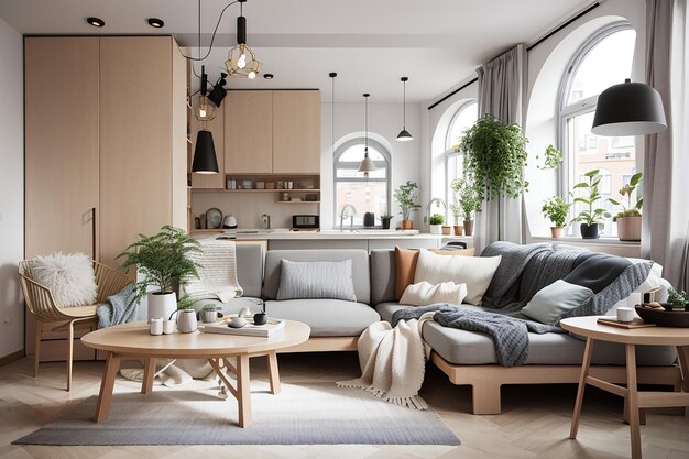 Conception moderne de luxe d'un petit studio confortable de style scandinave