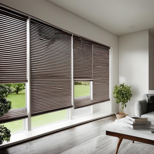 conception moderne de salon lumineux avec canapé noir et fenêtre en bois avec rideaux 3d renderingmoder