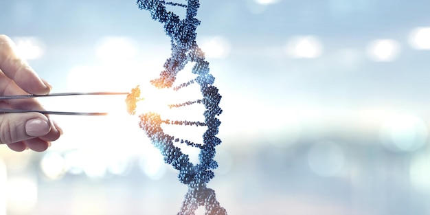 Conception de molécules d'ADN avec une main féminine tenant des pinces. Technique mixte