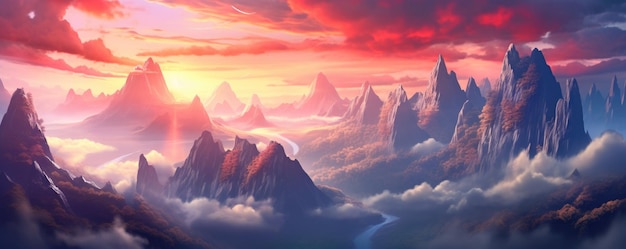 Conception de montagnes dans le coucher de soleil sauvage et nuages illustration 3d pastel Ai générative