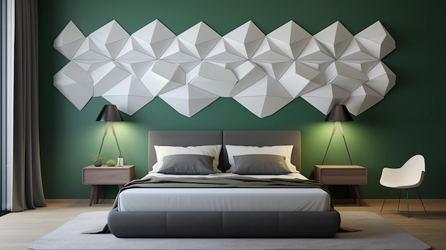 Une conception de mur 3D dynamique dans la chambre à coucher avec des formes angulaires jaunes et blanches ajoutant un sentiment de dynamique