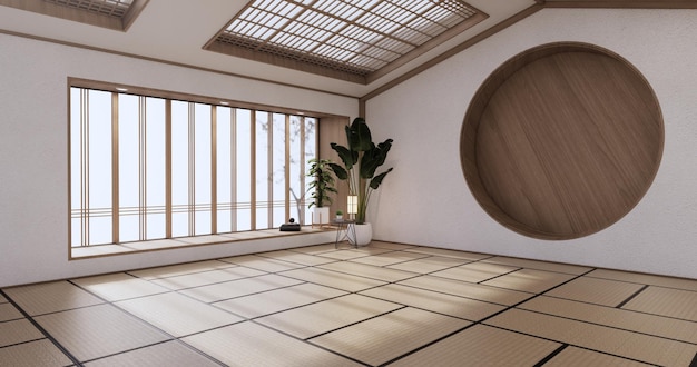 Conception de mur d'étagère de cercle, conception japonaise de pièce vide avec le sol de tapis de tatami. rendu 3D