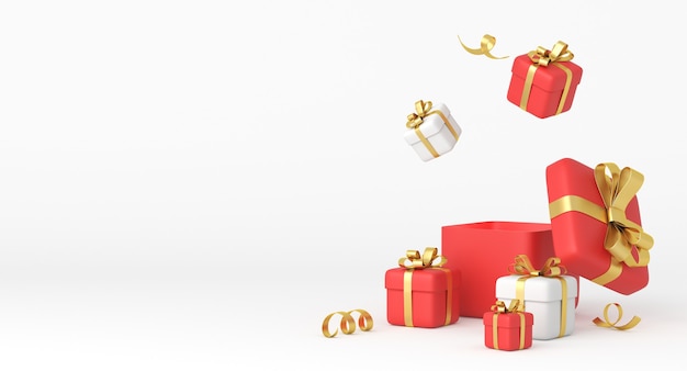 Conception de Noël et du nouvel an. Coffrets cadeaux blancs et rouges réalistes avec des rubans. rendu 3D