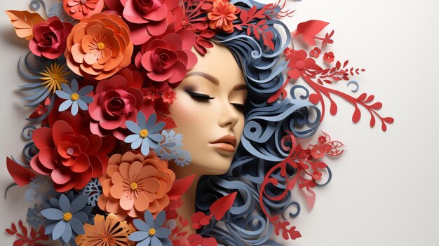 Une conception de papier découpé avec des fleurs et un visage pour Women39s Day Illustration