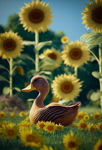 Conception de personnage adorable bébé canard sur le champ de tournesols animation de dessin animé de canard mignon