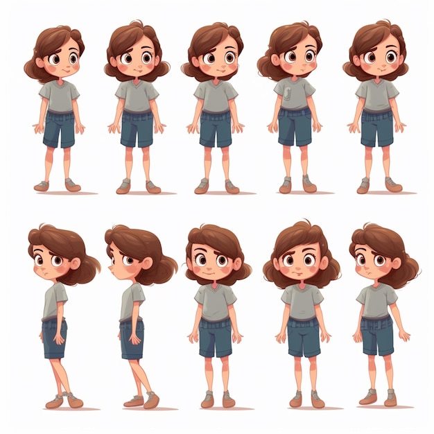 Conception de personnage pour une fille aux cheveux bruns et une chemise bleue.