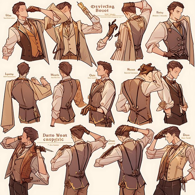 Photo conception de personnages d'anime masculin victorien steampunk mode de mariage gilet et pocke concept art