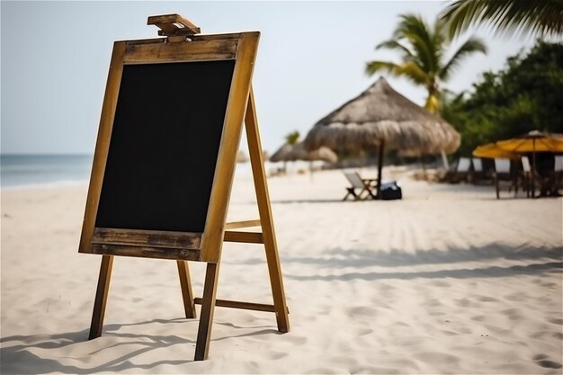 Une conception personnalisable d'un cadre publicitaire sur le tableau noir de la plage pour les campagnes publicitaires