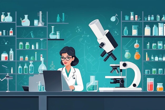 Conception de plan de conception sur un laboratoire médical expert personnage féminin travaillant sur la recherche d'analyse scientifique testant des échantillons au microscope