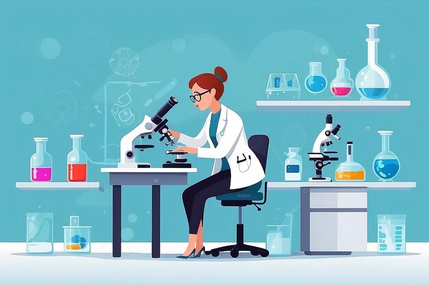 Conception de plan de conception sur un laboratoire médical expert personnage féminin travaillant sur la recherche d'analyse scientifique testant des échantillons au microscope