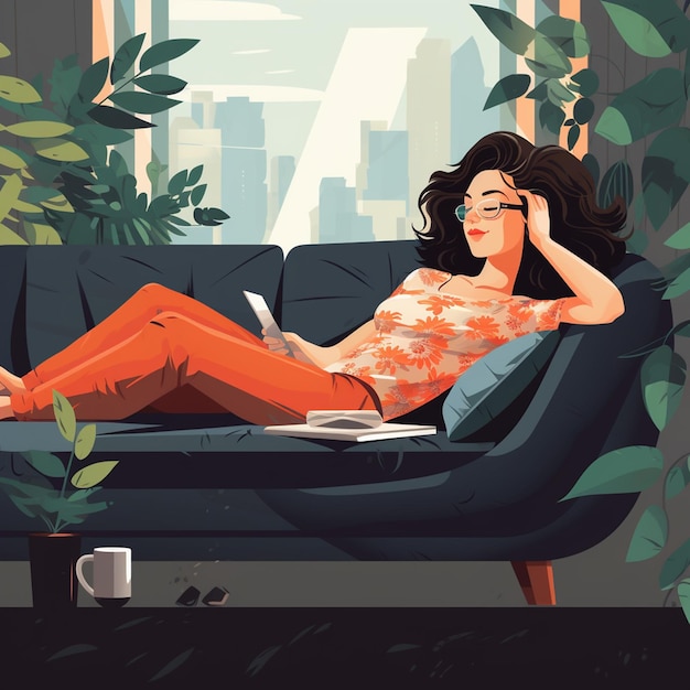 Photo conception plate fille se reposant allongée sur le canapé illustration vectorielle de la vie à la maison