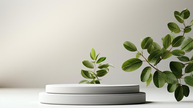 Conception de podium pour l'affichage de produits ou le stand de produits avec des ornements de feuilles et un arrière-plan minimaliste