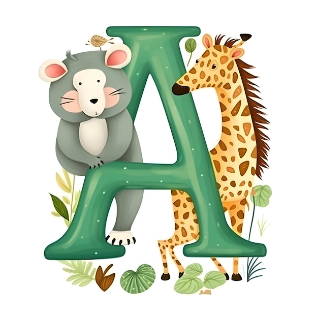 Conception de polices pour la lettre A avec une jolie illustration de koala et de girafe