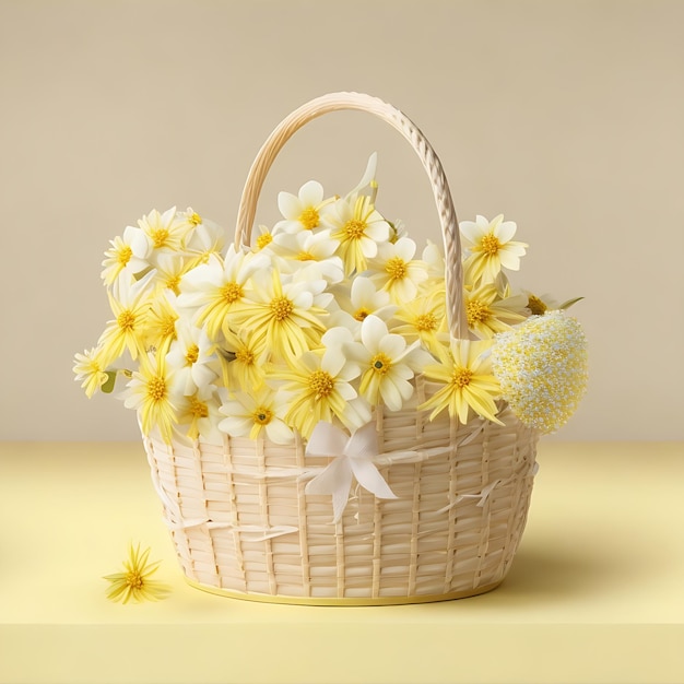 Conception réaliste de panier blanc-jaune avec des fleurs blanches à fond jaune doux en 8K