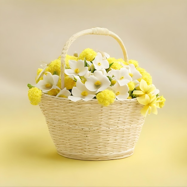 Conception réaliste de panier blanc-jaune avec des fleurs blanches à fond jaune doux en 8K