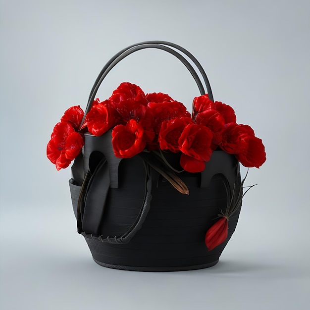 Conception réaliste de panier noir clair avec des fleurs rouges à fond gris doux en 8K