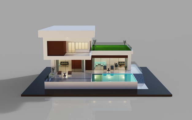 Conception de rendu 3D extérieur moderne de l'illustration du modèle de maison avec piscine