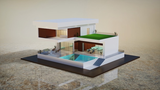 Conception de rendu 3D extérieur moderne de l'illustration du modèle de maison avec piscine