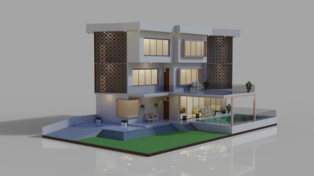 Conception de rendu 3D extérieur moderne de l'illustration du modèle de maison avec piscine