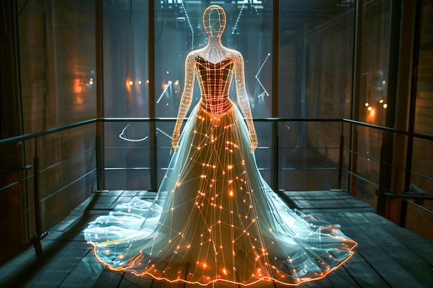 Photo conception d'une robe lumineuse futuriste dans un intérieur moderne photographie conceptuelle de la mode avec la lumière