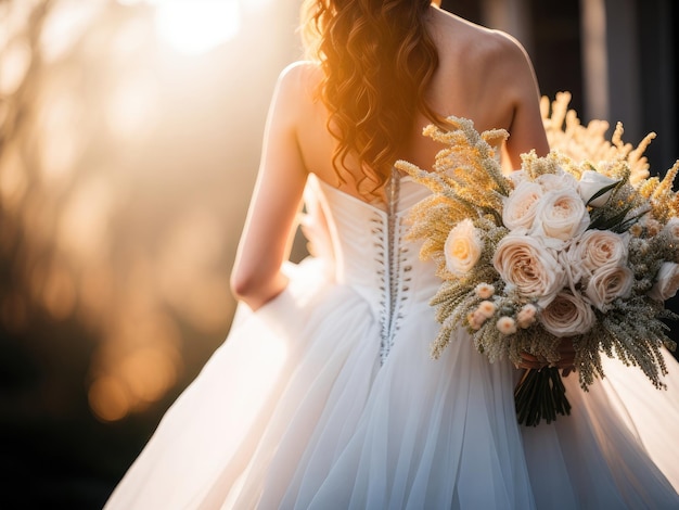 Conception de robe de mariée et bouquet de fleurs ai génératif