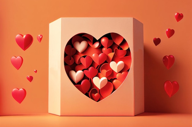 Conception de la Saint-Valentin Boîte de cadeaux rouge réaliste avec des coeurs d'amour autour Coffret cadeau plein d'objet festif de coeur décoratif Fond orange générant un fond romantique Ai
