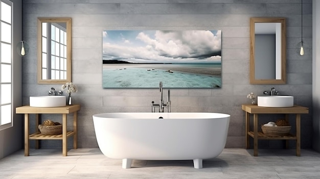 Conception de salle de bain avec une baignoire au centre dans un style minimaliste AI généré