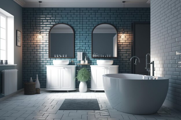 Conception de salle de bain en brique bleue et blanche Un plancher en bois double vasque et baignoire Front Poster faux brumeux