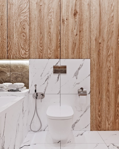 Conception de salle de bain moderne avec des carreaux de marbre et de bois
